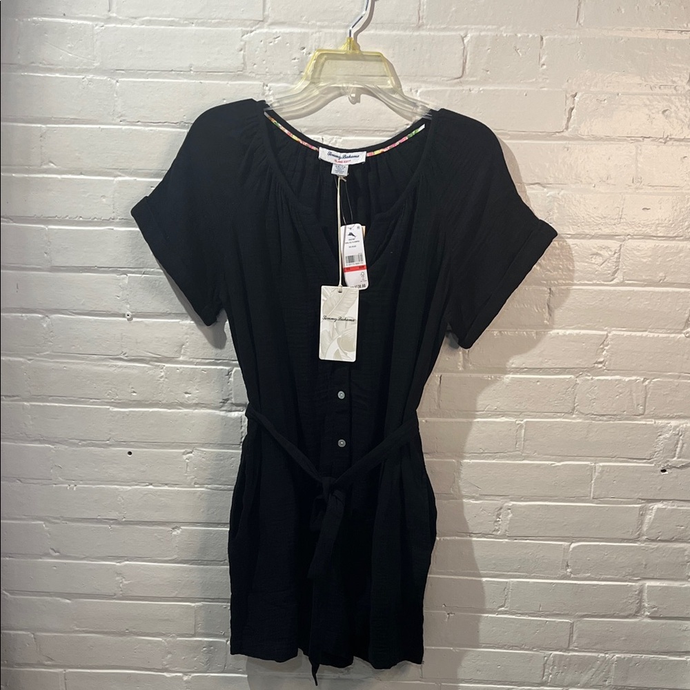 Tommy Bahama Black Short-Sleeve Button-Front Tie-Waist Romper NWT